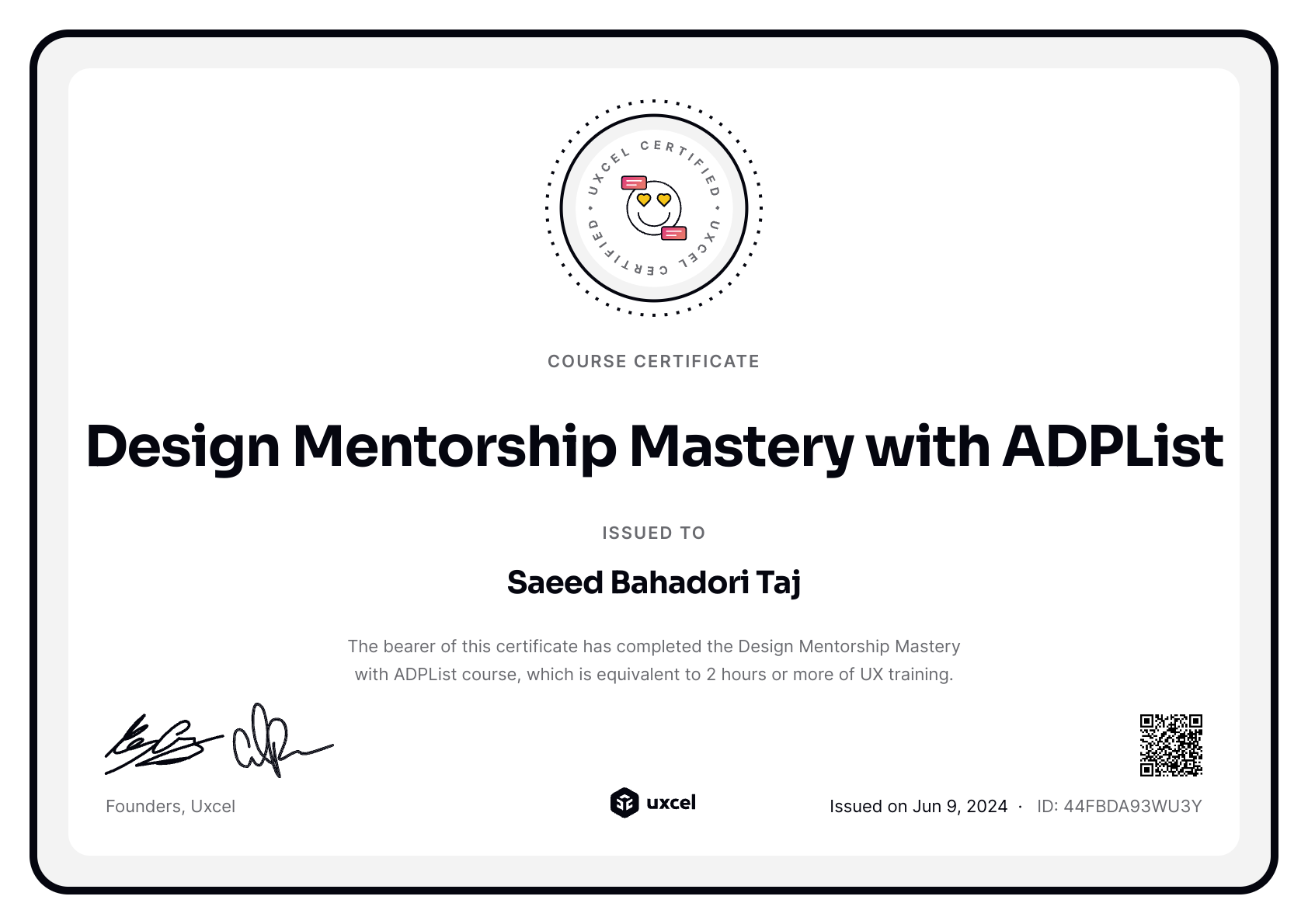 Saeed Bahadori Taj's certificate